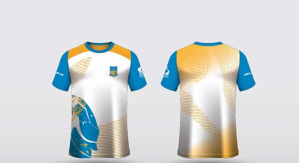 TC2 – White, blue sleeves, gold back – St Andrew's shirt, front and back